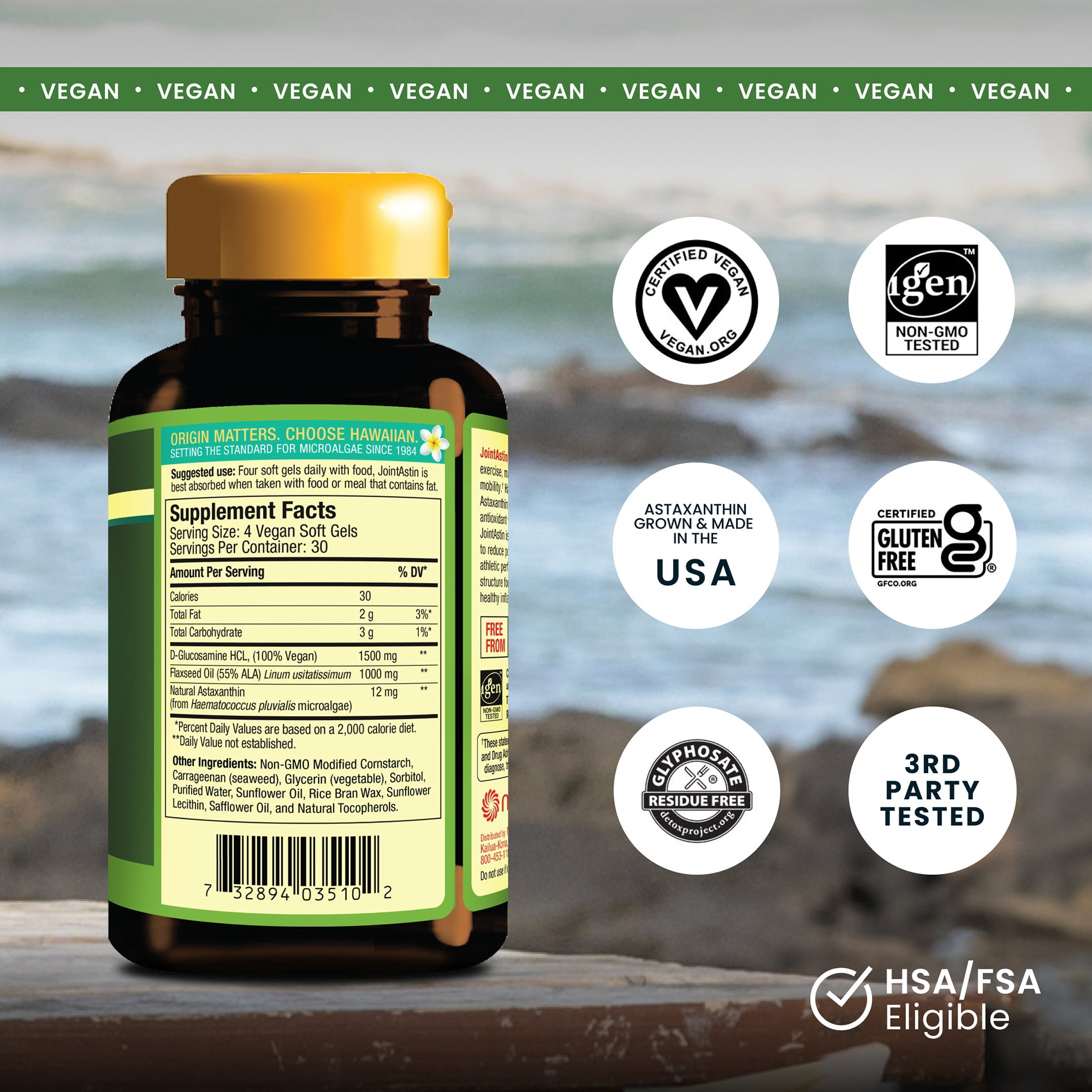 Nutrex Hawaii BioAstin Hawaiian Astaxanthin - Joint Comfort and Mobility - Combo of Flaxseed Oil, Vegan Glucosamine and Astaxanthin Grown in Kona, Hawaii- Vegan - 12mg High Potency, 120 Softgels