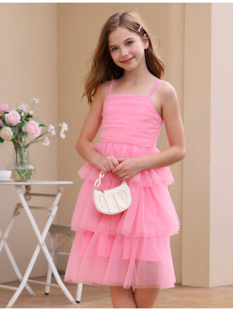 Ibtom Castle Girl Sleeveless Ruffle Formal Wedding Tiered Tulle Dress Teen Pageant Birthday Homecoming Prom Outfits Junior Graduation Dress 11-12