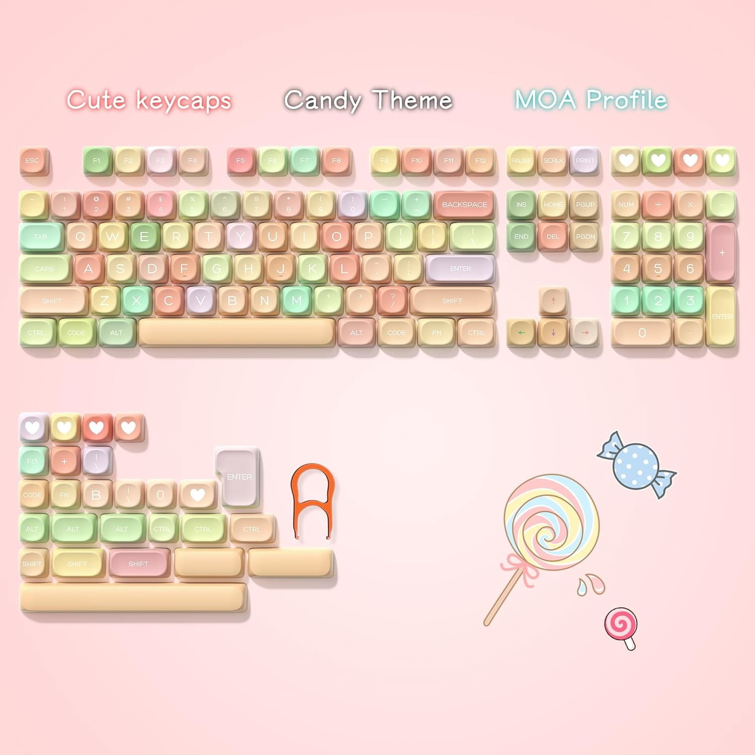 COSTOM MOA Profile Keycaps, 134 Keys PBT Keycap Dye-Sublimation Rainbow Candy Cute Keycaps, Round Colorful Custom Key Cap for 61/64/68/84/87/100/104/108 Cherry Gateron MX Mechanical Keyboards