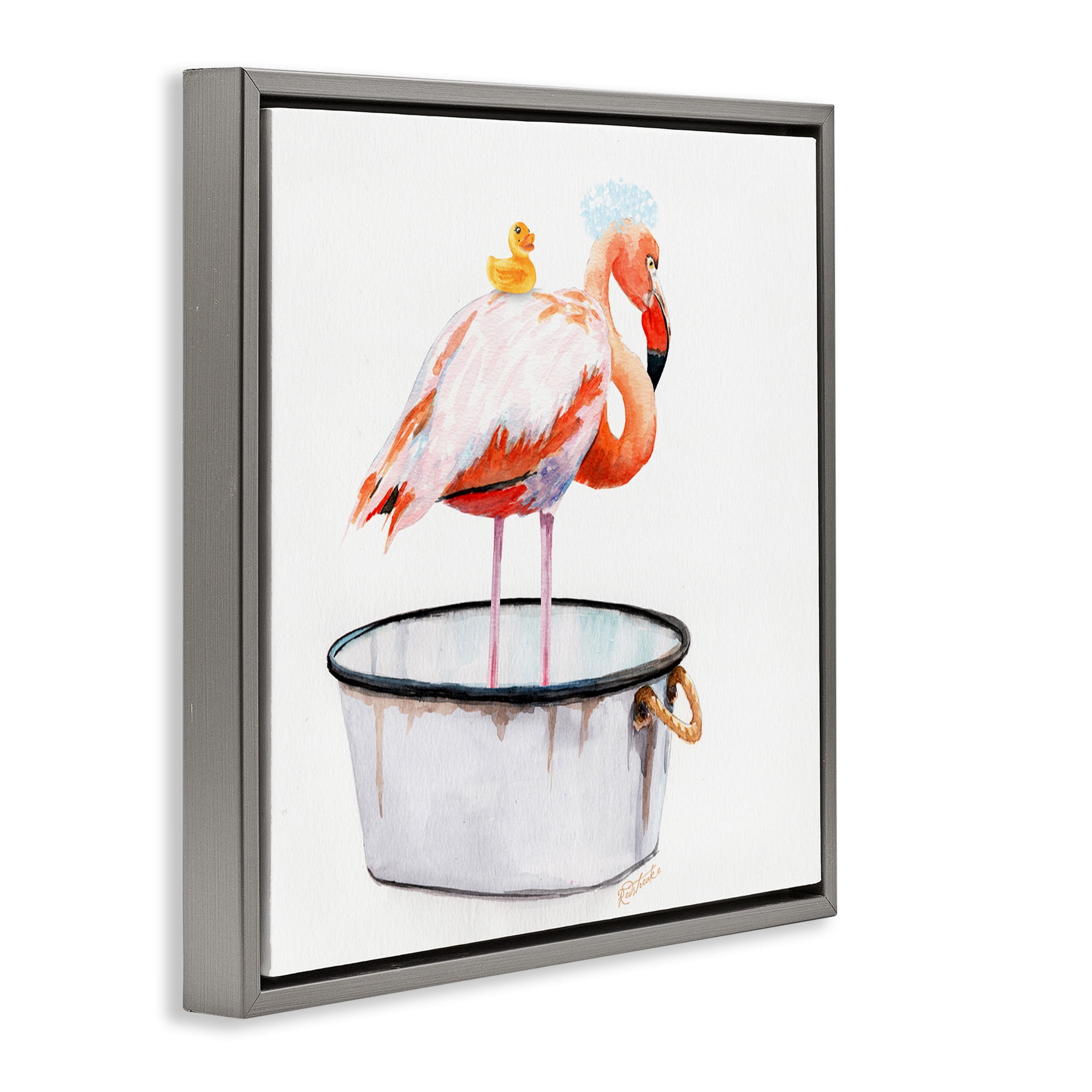 Stupell Industries Flamingo Bubble Bath Time Animals & Insects Painting Gray Floater Framed Canvas Art Print Wall Art, 18 x 18
