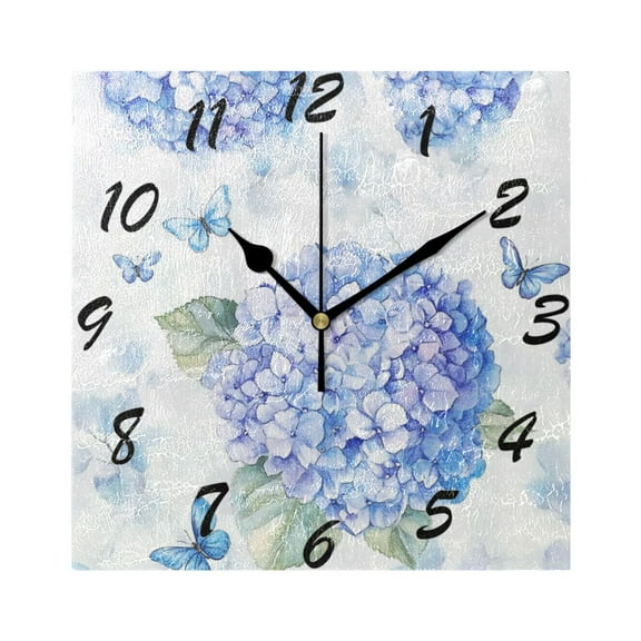 Square Wall Clock Silent Non-Ticking Battery Operated Retro 7.78" Clock for Bedroom Living Room Decor Blue Hydrangea Pattern
