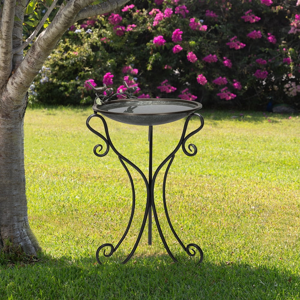 Alpine Corporation 35Inch Metal Bird Bath with Birds and Leaf