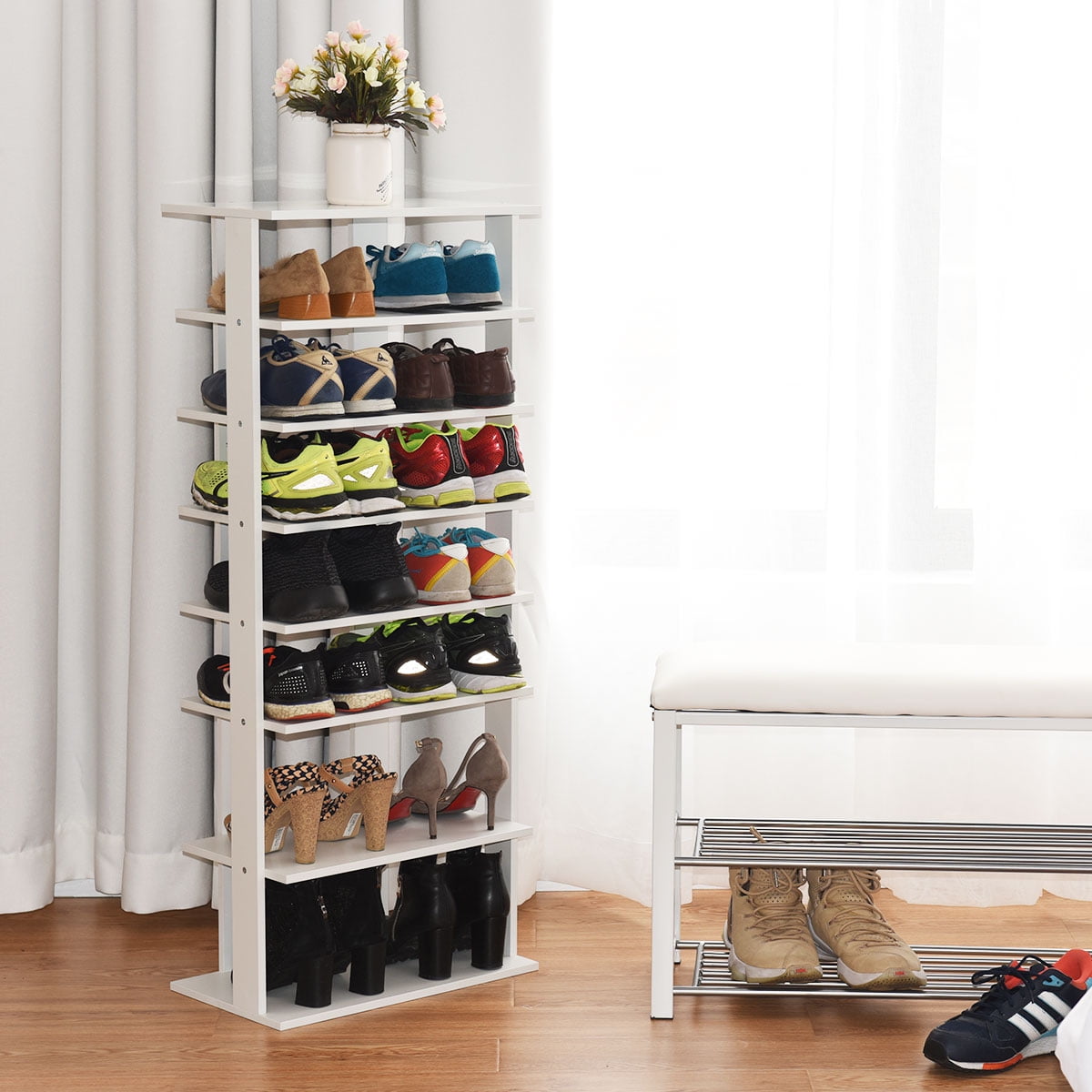 Topbuy 7-Tier Shoe Rack with Freestanding Shelves, Wood, White