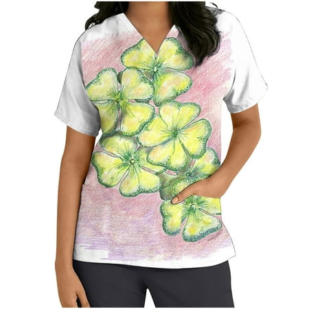

Zeceouar Scrubs Tops For Women Designs Plus Size Scrub Shirts V-Neck St. Patrick Printing Short Sleeve Nursing Working Uniform Tops With Pocket