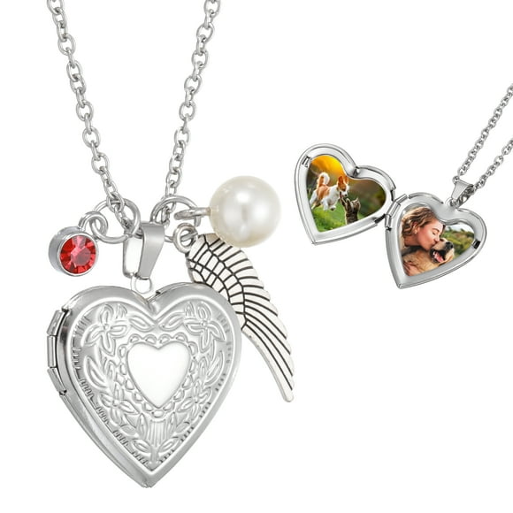 Heart Locket Necklace for Women with July Bright Red Birthstone Pendant and Wing Charm&Pearl Locket Necklace Heart Pendant for Women That Holds Photo Valentines Birthday Gift