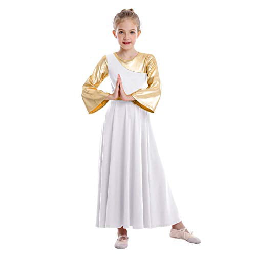 IBAKOM Womens Praise Liturgical Dancewear Long Sleeves Dance Dress Metallic Gold Loose Fit Full Length Tunic Circle Costume