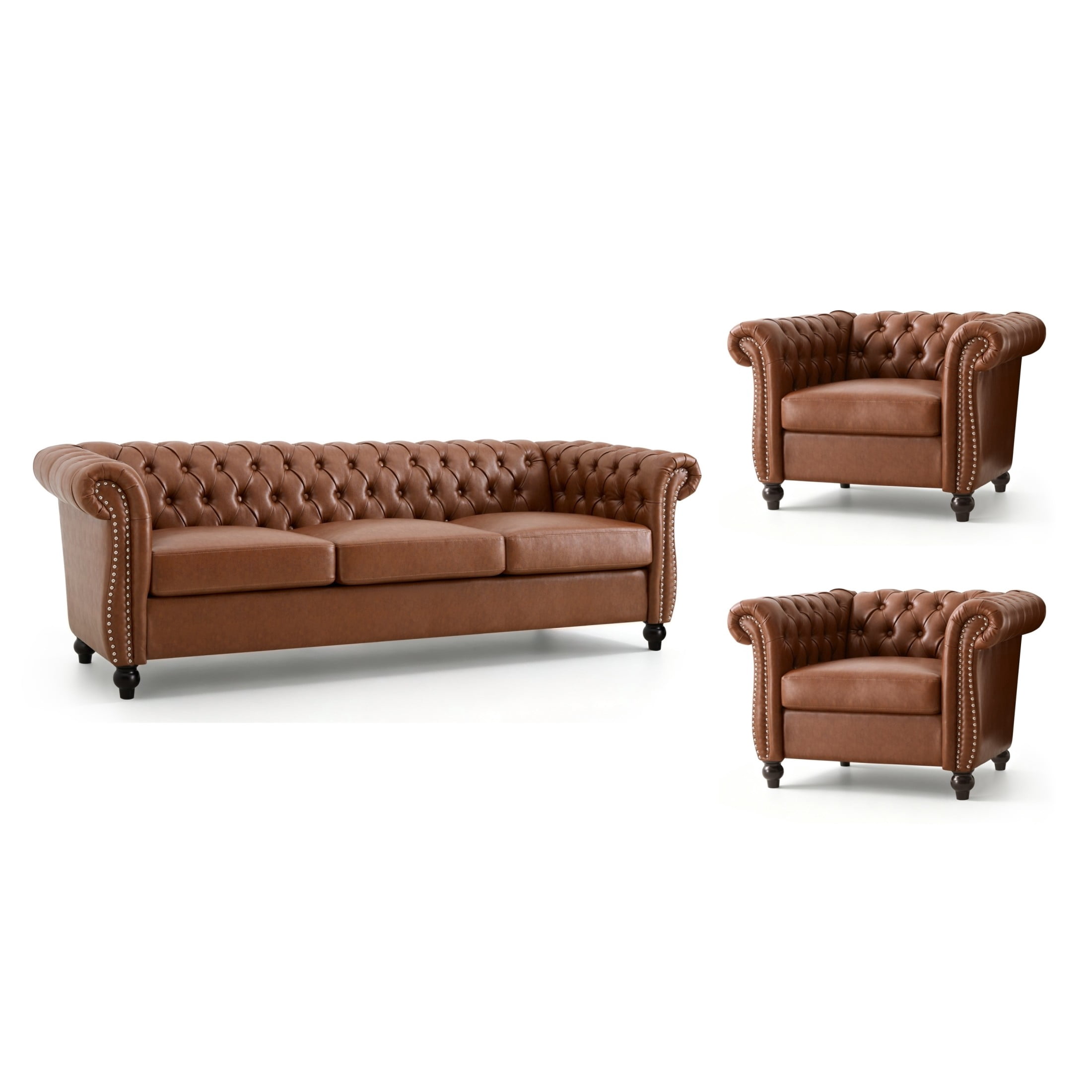 Christopher Knight Home 3-Piece Chesterfield Living Room Set, PU Leather Sofa and Armchairs, Brown