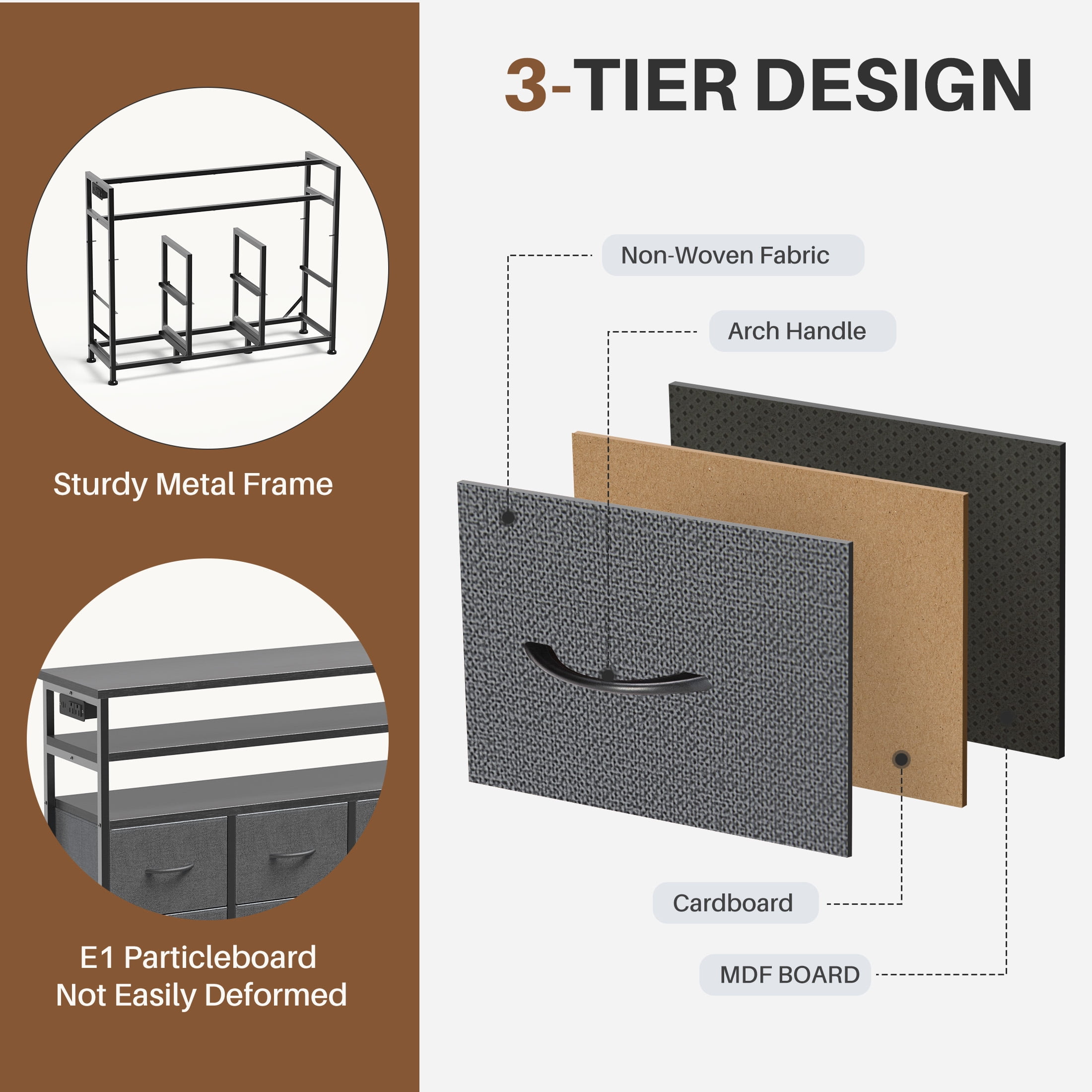 EDX 6-Drawer Fabric Dresser with Power Outlets and LED Light, TV stand for Bedroom, Living Room, Hallway, Gray