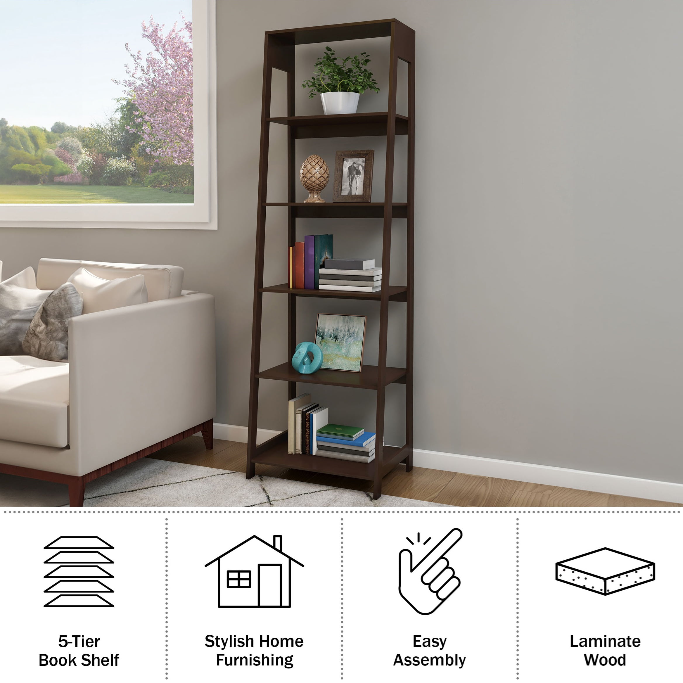 Somerset Home Freestanding Ladder Shelves, 5 Tier Stand (Brown)