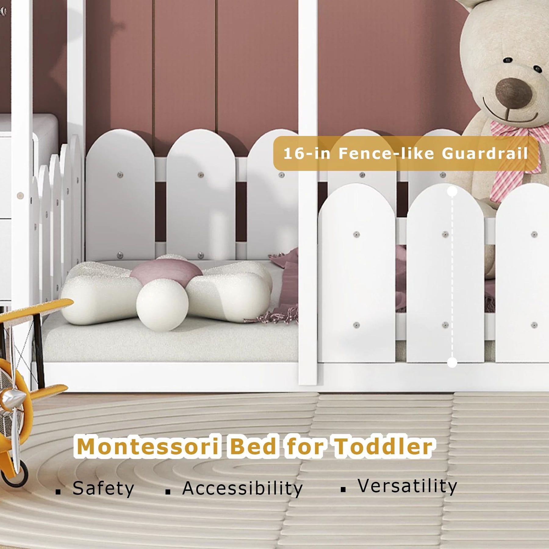Gewnee Twin Size House Bed with Fence and Roof,Wood Floor Bed Frame for Toddlers and Kids,White