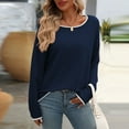 thumbnail image 3 of Riecok Crewneck Sweaters for Women Long Sleeves Soft Solid Color Fall and Winter All-match Casual Fashion Blouse Navy L, 3 of 6