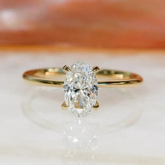 14K Gold Plated Silver 1Ct /VVS1 Oval Lab Created Diamond 4 Prong Solitaire Ring