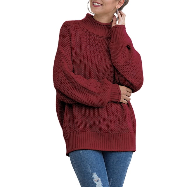 Kmbangi Pull pour Femmes, Col Roulé Uni Manches Ballon Tricot