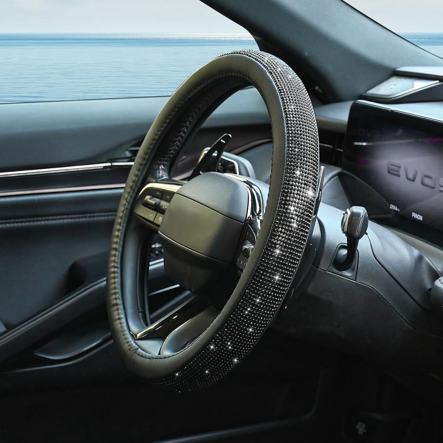 New Diamond Leather Steering Wheel Cover with Bling Bling Crystal Rhinestones, Universal Fit 15 Inch Car Wheel Protector for Women Girls,Black Diamond