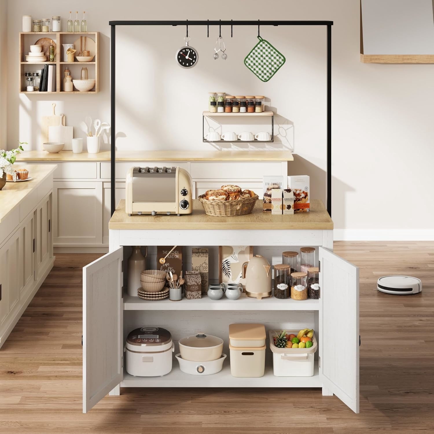 AOILE 42" Kitchen Island with Storage, Heavy-Duty Cart with 30mm Thick Countertop, Shelves & Hooks