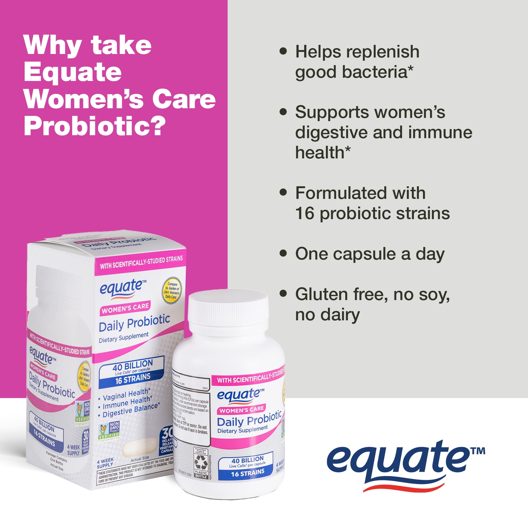Equate Women's Care Daily Probiotic Delayed Release Vegetarian Capsules, 30 Count