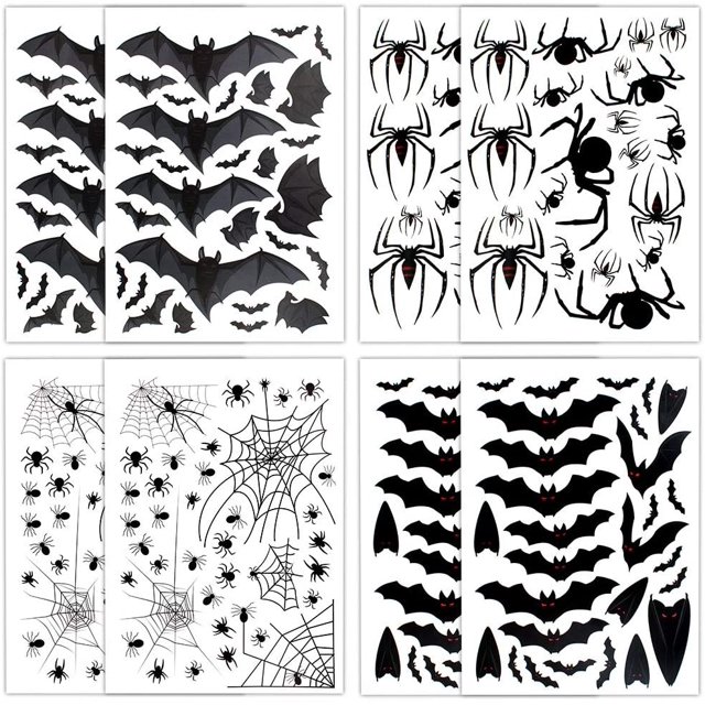 8 Sheets Halloween Window Stickers, Bat Spider Design Window Decals Removable Wall Decal Halloween Party Decoration Window Decorations for Halloween Home Shop Store Window Decorations