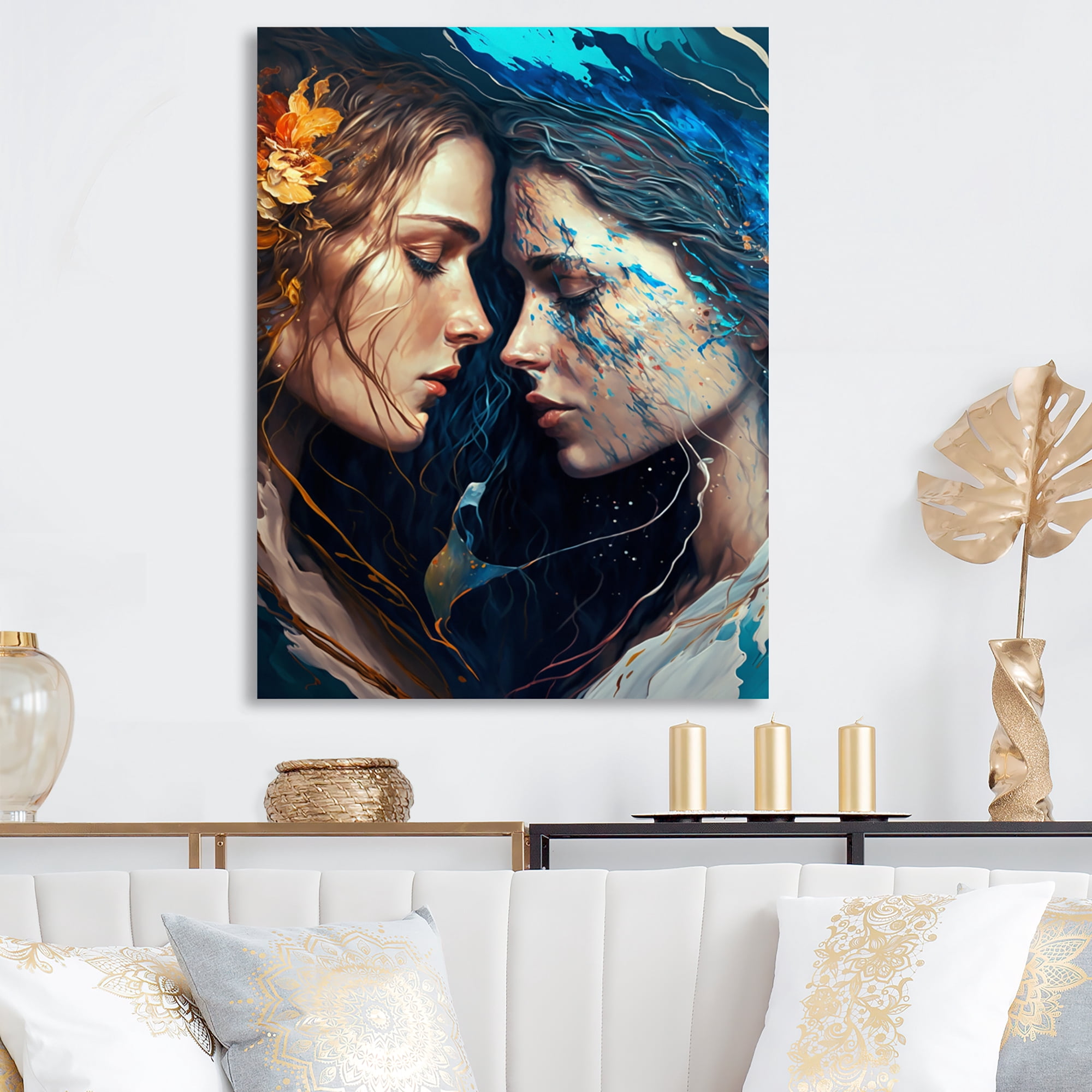 Designart Two Women Kissing With Flowers II Canvas Wall Art
