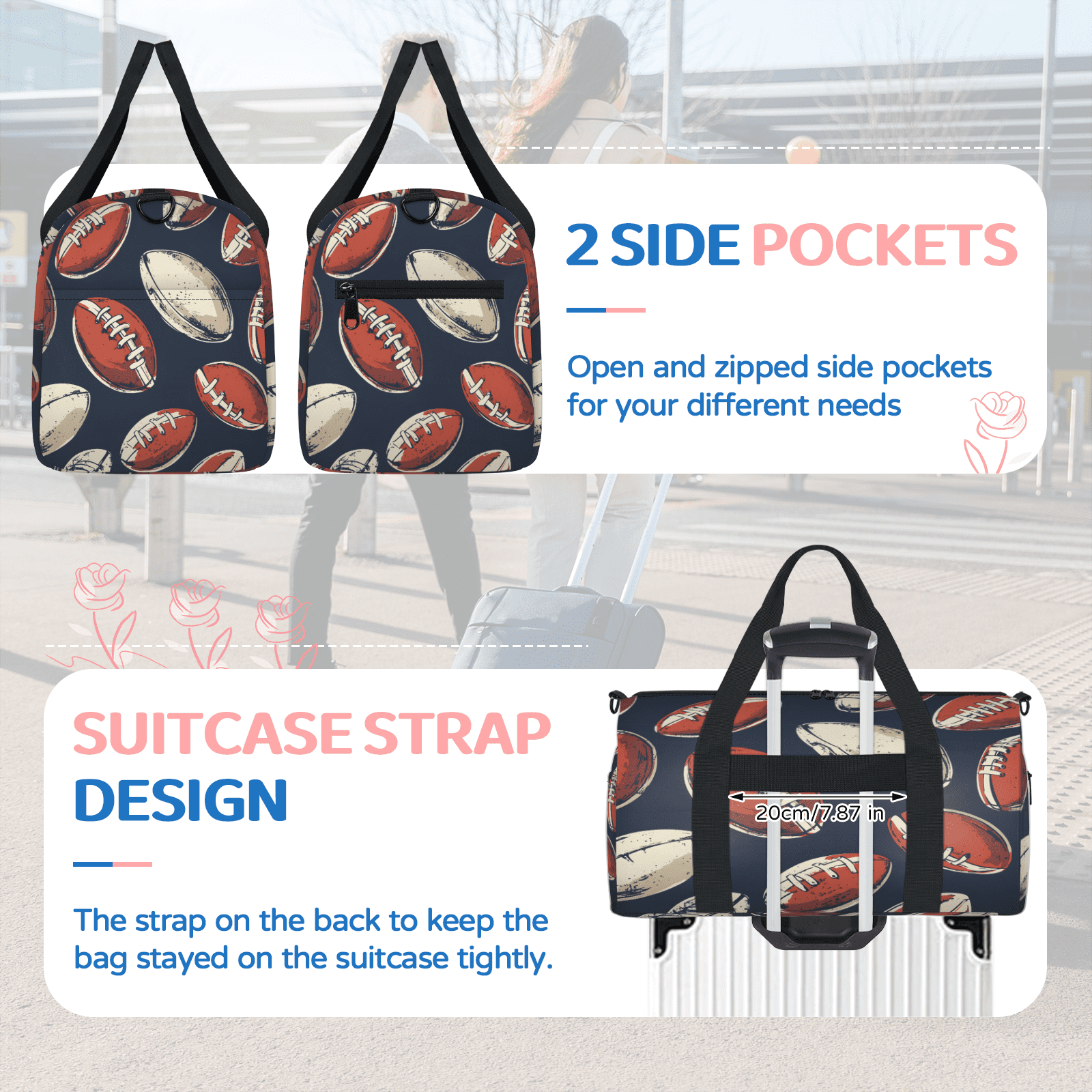 Herdesigns Football Travel Duffle Bag Sports Yoga Weekender Overnight Carry on Workout Bags Lightweight Waterproof Gym Tote Bag for Women Sports