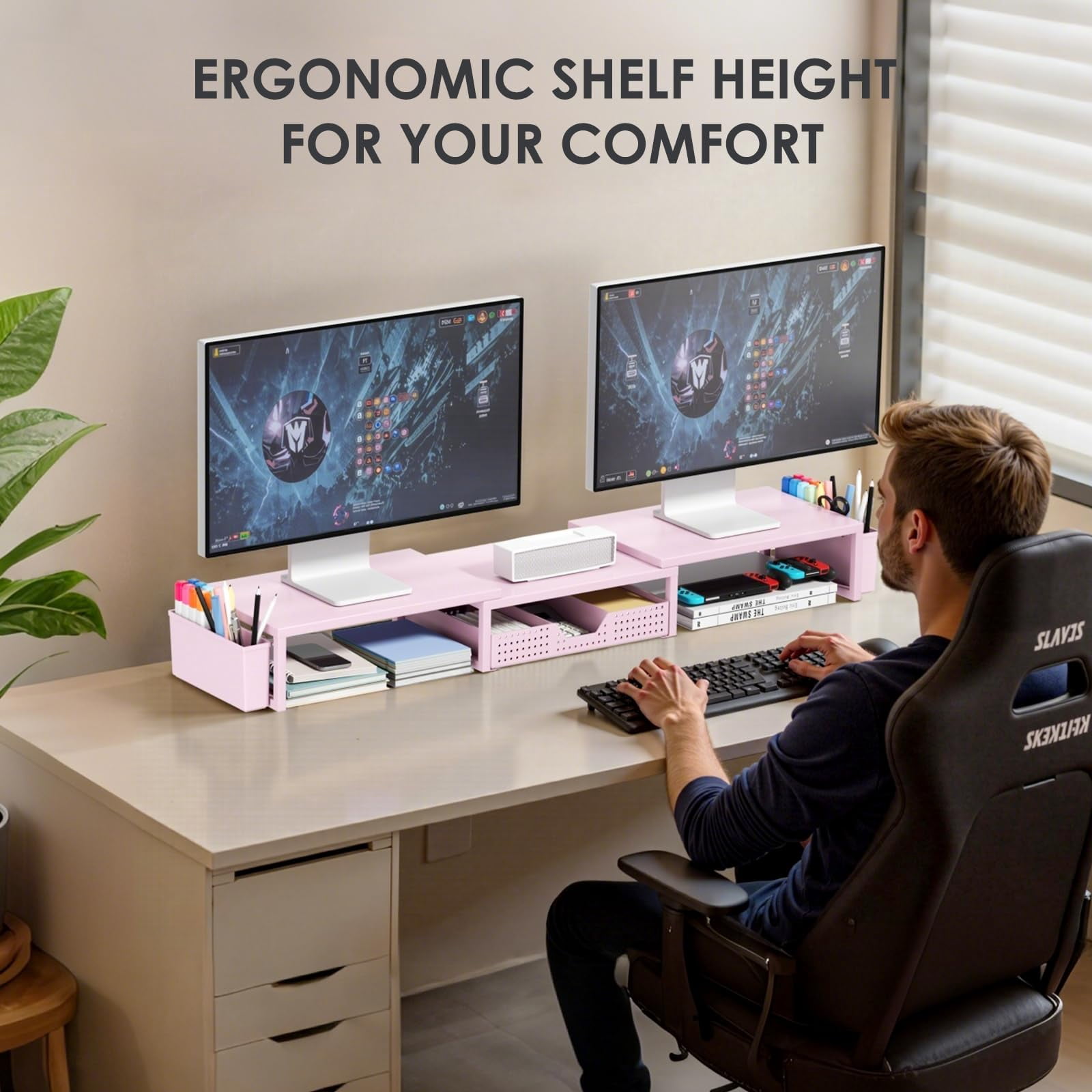 Desk Organizers And Accessories  Dual Monitor Stand Riser With Drawer 2 Pen Holders Shelf Metal Computer Racks For Office Workspace Desktop Organization (pink Metal)