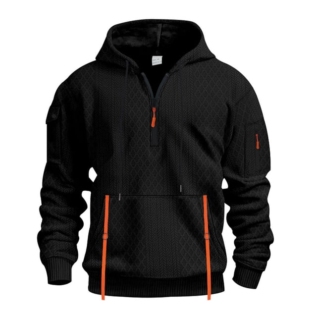 Xfvqtps Men Solid Color Long Sleeved Hooded Half Zip Pullover Sweatshirt Black