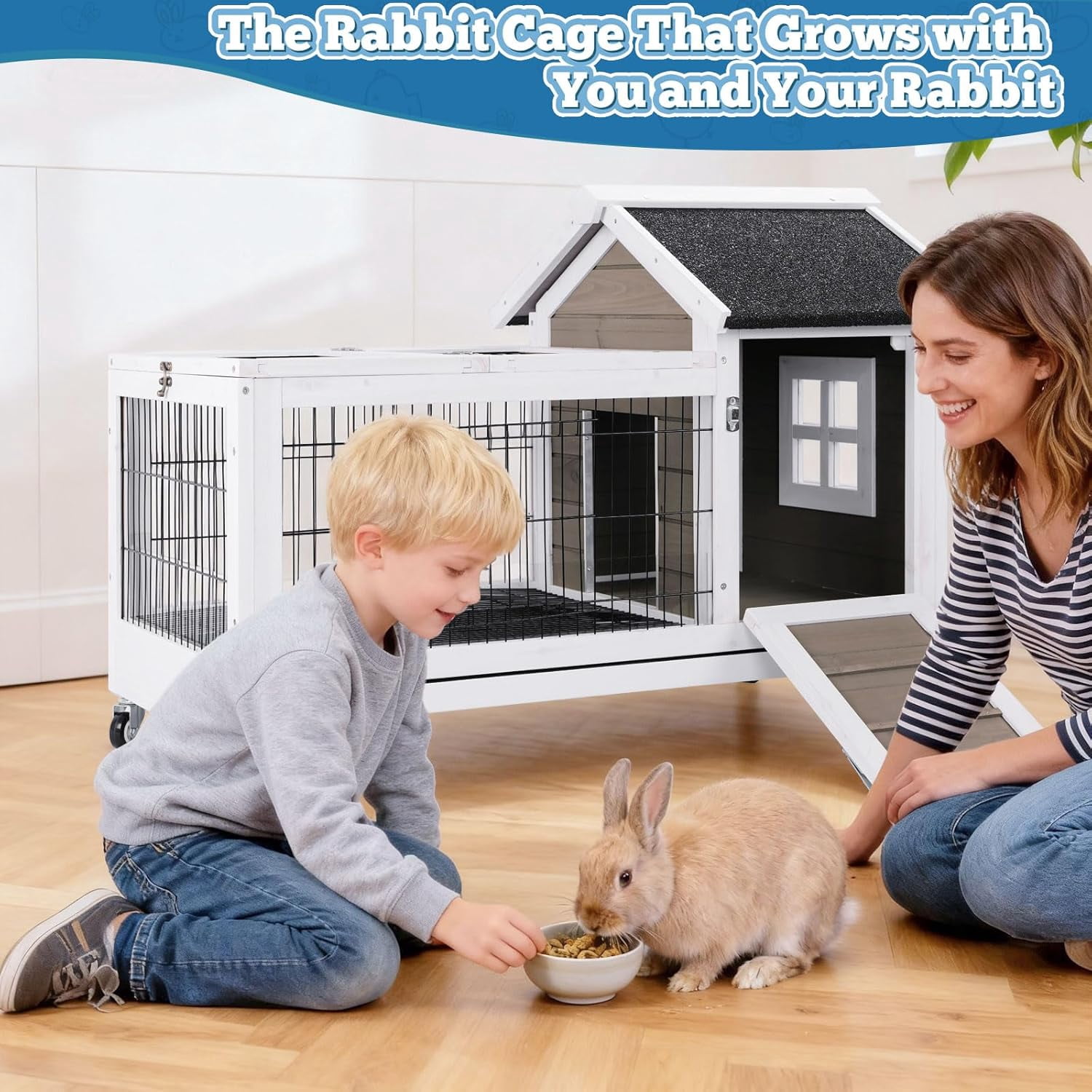 Rabbit Hutch Wooden Bunny Cage Rabbit Cage Outdoor Indoor Bunny Hutch Rabbit House on Wheels Small Animal Cage with 3 Urine Baffles