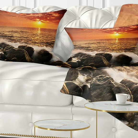 Designart Bright Sunset over Rocky Shore - Modern Seashore Throw Pillow - 12x20