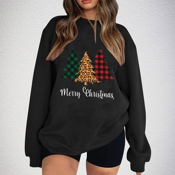 Somuwie Clearance Women's Christmas Tree Letters Leopard Print Long Sleeve Loose Sweater Top Long Sleeve Round Neck Top