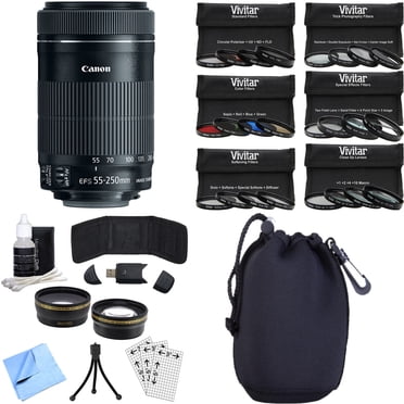 Canon EF-S 55-250mm f/4-5.6 IS STM Lens (8546B002) Photography Bundle includes Lens, Pouch, 58mm Ultimate Filter Kit, Wide Angle Lens, Telephoto Lens, Beach Camera Cloth and More
