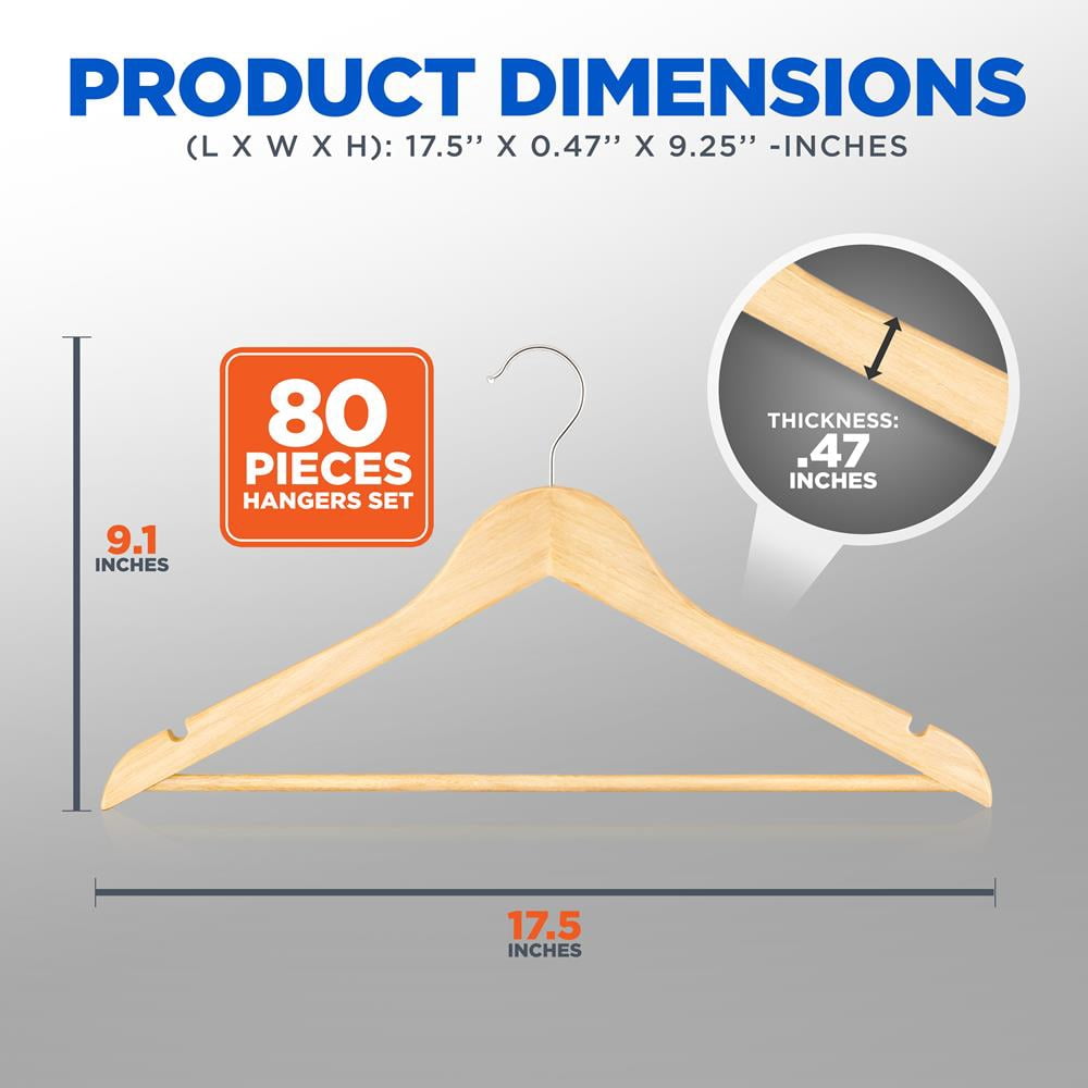 Serenelife 80 Piece Solid Wooden Heavy Duty Notched Suit Hangers, Natural