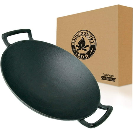 Chinese Iron Wok Backcountry Iron's Cast Iron Wok for Stir Frys and Sautees (14 Inch Large, Pre-Seasoned for Non-Stick Like Surface, Cookware Oven/Broiler/Grill Safe, Kitchen Deep Fryer, Restaurant Chef Quality) ()