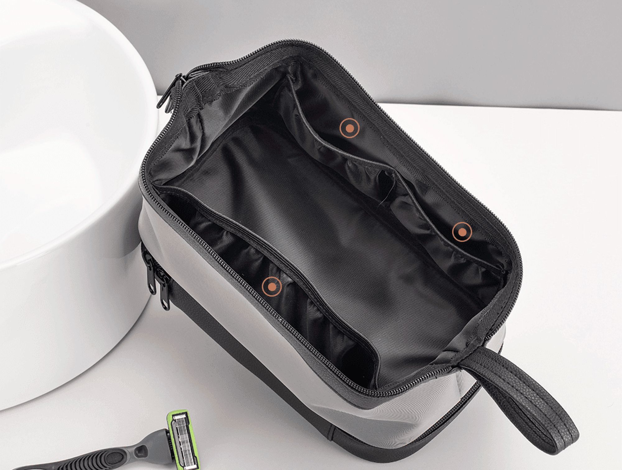 Mens Travel Dopp Kit Toiletry Bag , Wet & Dry Shower Shaving Pouch,PU Leather Waterproof Toileties Organizer-Brown