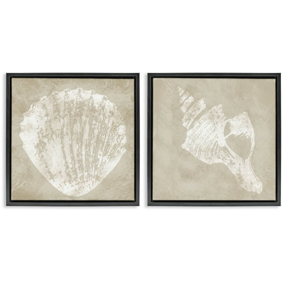 Stupell Industries Rustic Abstract Seashells Nautical & Beach Painting Black Floater Framed Canvas Art Print Wall Art, 18 x 18, Set of 2