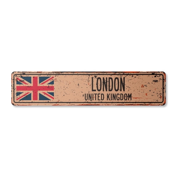 LONDON UNITED KINGDOM Vintage Aluminum Street Sign British Britons Brits flag city country rustic metal tin gift | Indoor/Outdoor | 18" Wide
