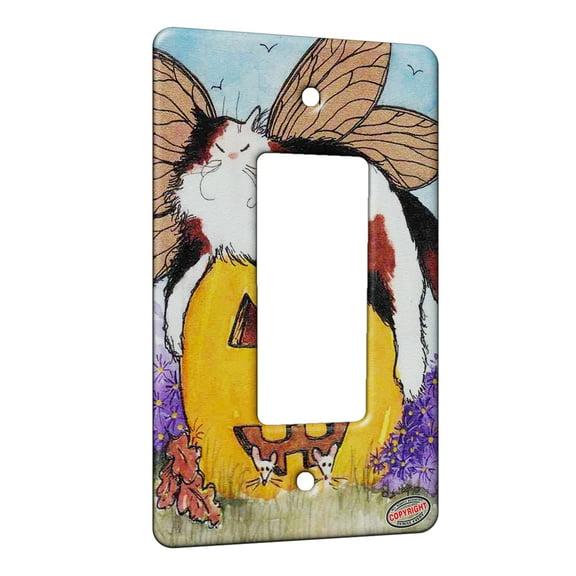KuzmarK™ 1 Gang Rocker Wall Plate - Calico Maine Coon Kitty Fairy with Jack O'Lantern and Mice Halloween Cat Art by Denise Every