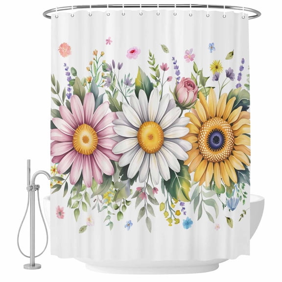 Colorful Daisy Floral Shower Curtain, Waterproof Shower Curtains for Bathroom, Spring Flowers Botanical Leaves Rustic Washable Fabric Bathtub Curtain Set Bath Decor with 12 Hooks Long 72"x84"