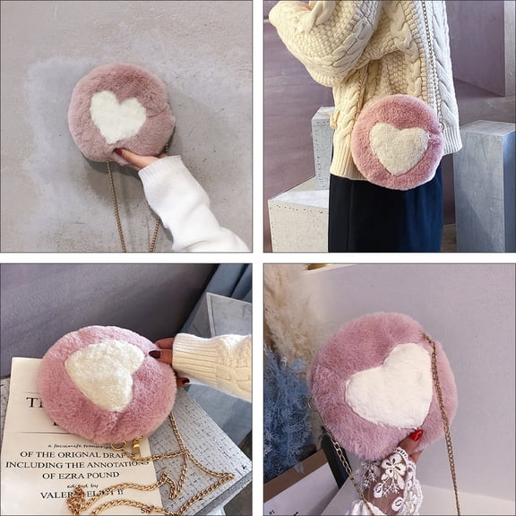 PAMINGONO 1Pack Plush Chain Bag Heart Shaped Shoulder Bag for Women Fashionable Pink 7.5x7.5in