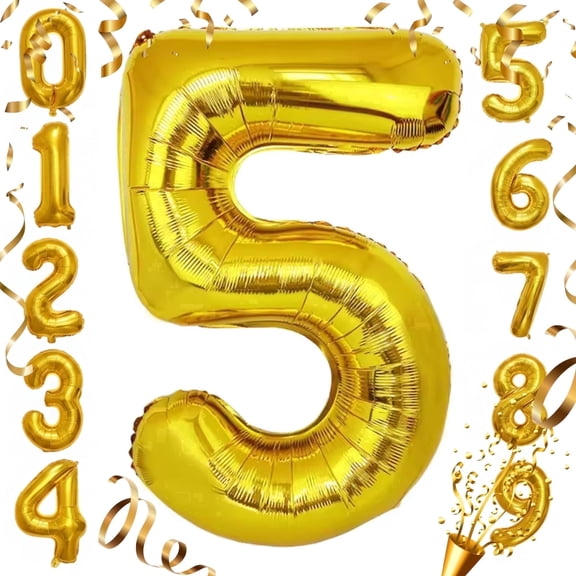 Gold 5 Number Balloon 32 inch Large Helium & Air Inflation Foil Mylar Self-Sealing Metallic Balloons for 5th Birthday, Graduation, Anniversary Decor
