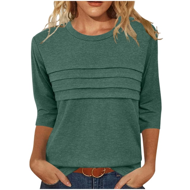 SwiftWear Femmes Col Rond Manches 3/4 Hauts Couleur Unie T-Shirts Décontractés Basiques Amples Mode Extérieure Blouse Imitation Coton 2025