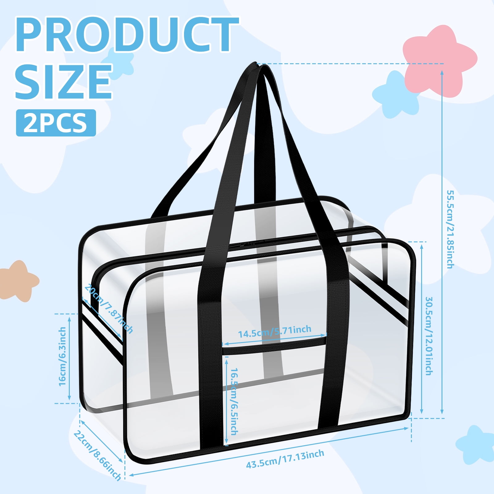 FKSZLL 2Pcs Toy Storage Bags PVC Clear Organizer Bags with Zipper and Handles for Building Block Puzzle Book Board Game Portable Cosmetic Bag for Home and Traveling