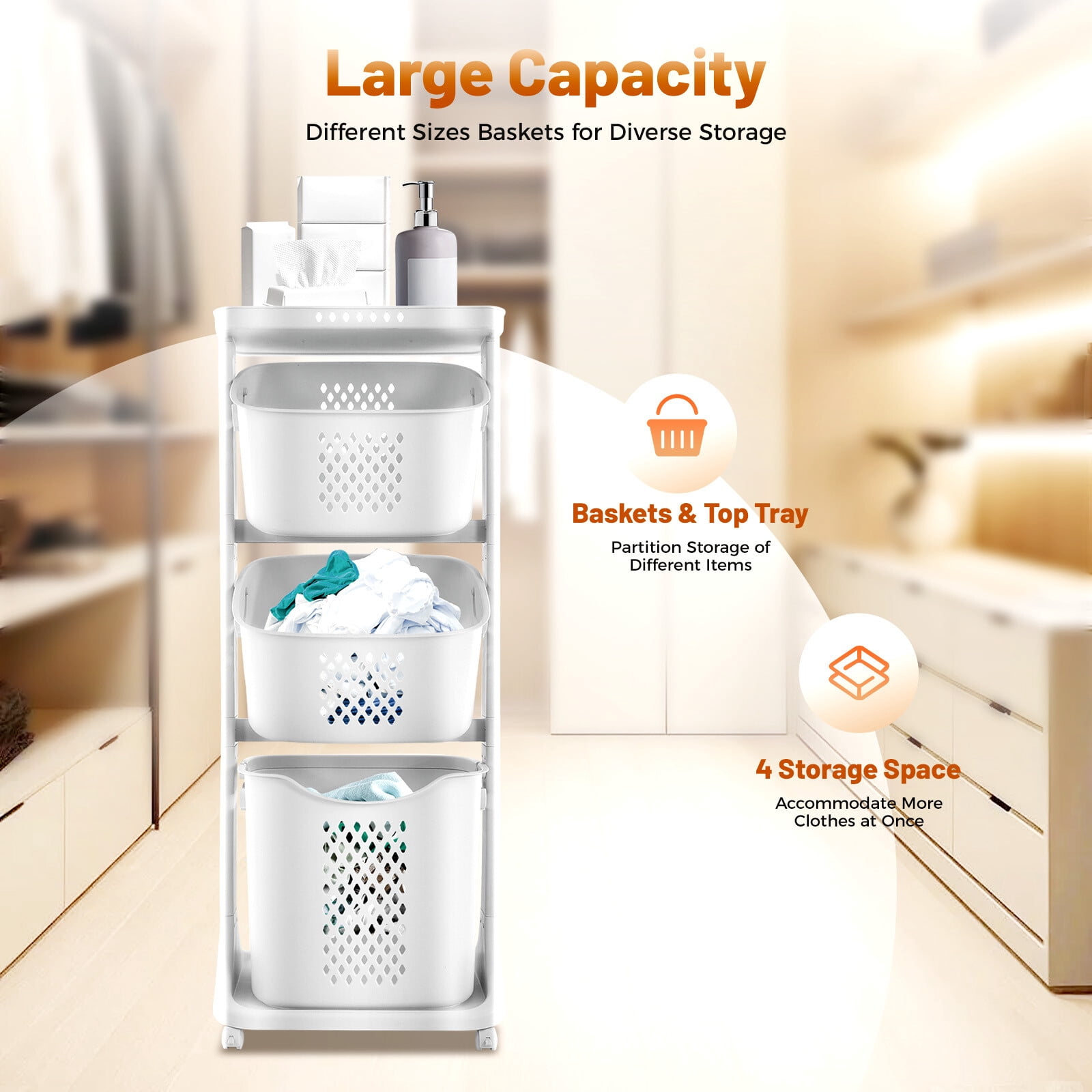 3 Tier Dirty Clothes Laundry Basket 360 Rolling Laundry Hamper Storage Sorter for Kitchens, Bathrooms