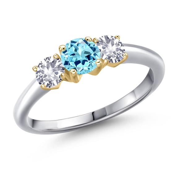 Gem Stone King 925 Silver and 10K Yellow Gold Blue Apatite and White Created Sapphire Engagement Ring for Women | 1.00 Cttw | Round 5MM | Gemstone Birthstone | Size 6