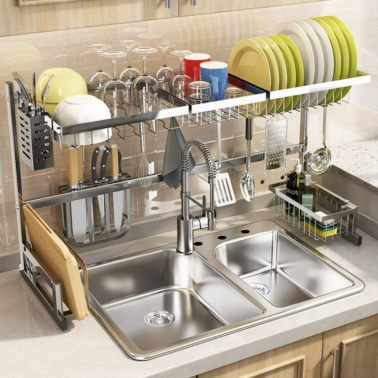 2-Tier Over The Sink Dish Drying Rack Adjustable Width Kitchen
