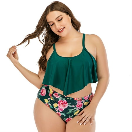 Abcnature Women s Bikini Swimsuits Sets  Thong Bikini Sets Printing Ruffle High Waist Plus Size Split Bikini Beachwear Swimwear Bikini Sets for Women Green 4XL
