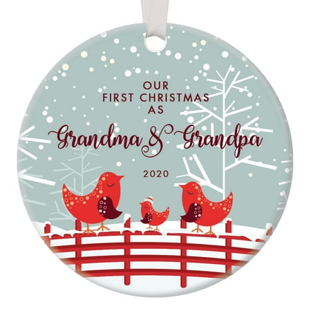 Grandparents First Christmas Poem Our First Christmas as Grandma & Grandpa, 1st Xmas Ornament for New Grandparents, Bird Family Nana Pop-Pop Baby Newborn Pretty Circle Ceramic 3