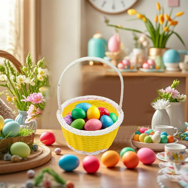 Mini cesta tejida de plástico para Pascua | Pequeña y duradera cesta de Pascua de 13 x 7 cm | Colores brillantes: rosa, azul, verde, amarillo, naranja y rojo | Perfecta para la búsqueda de huevos de