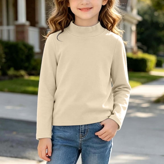 Spazoro Girls Mock Neck Pullover Top, Solid Color Soft Loose Fit Long Sleeve Mock Neck 100% Cotton Basic Layering Shirts for Daily Wear Beige Size 4-5T