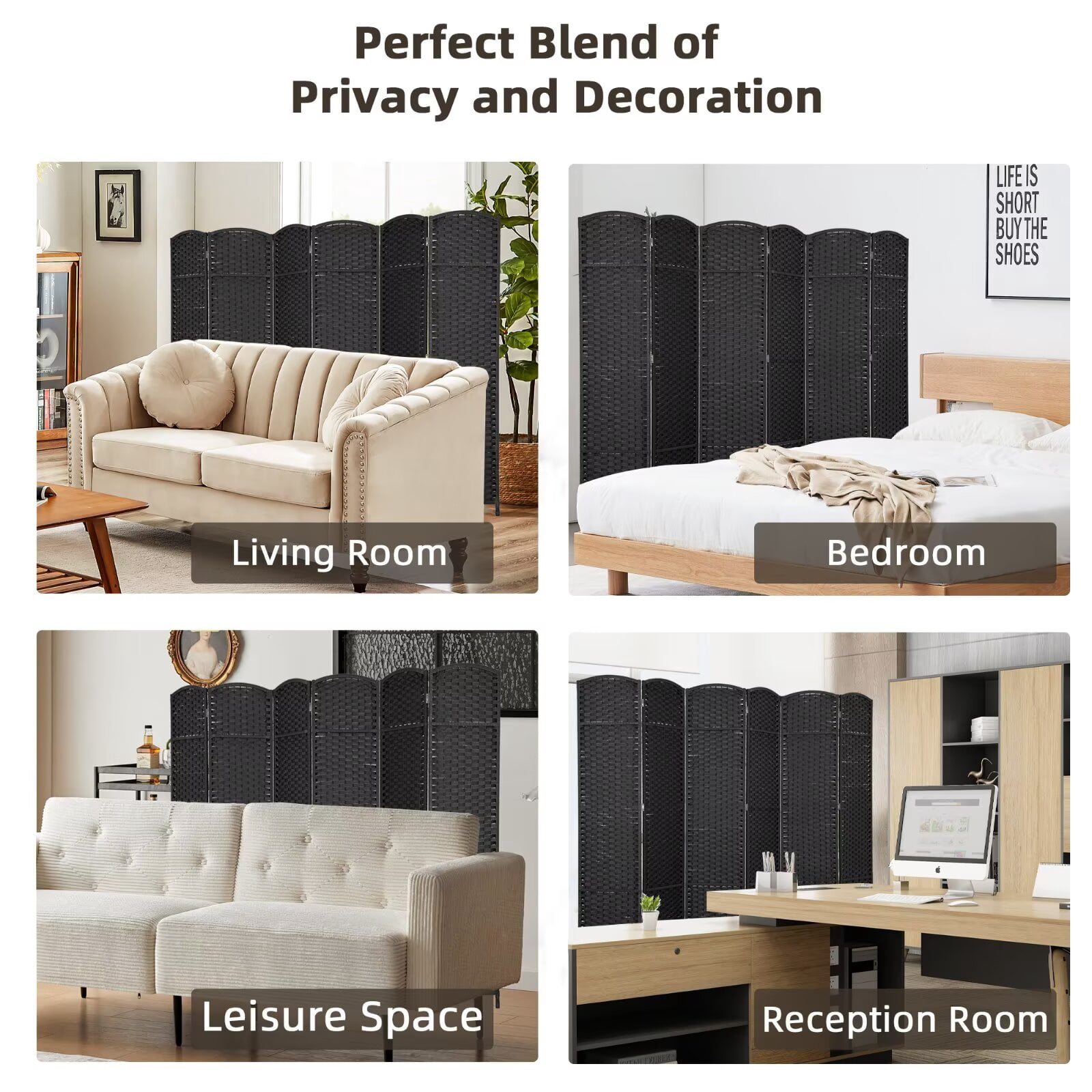 YRLLENSDAN 6 Panels Folding Portable Room Dividers, Free Standing Indoor and Outdoor Privacy Screens for Patio, 66.9 Inches Tall Chinese Wall Divider for Room Separation, Black