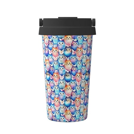 

Uemuo Cartoon colorful cute cat Print Carry Insulated Coffee Mug Travel Mug with Hidden Handle Insulated Coffee Flask Leak-proof Travel Mug Insulated Mug for Office