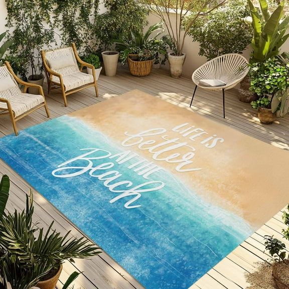 Fsddascl Blue Coastal Outdoor Rug for Patio/Deck/Porch, Non-Slip Large Area Rug 4 x 6 Ft, Life Is Better At The Beach Beach Indoor Outdoor Rugs Washable Area Rugs, Reversible Camping Rug Carpet